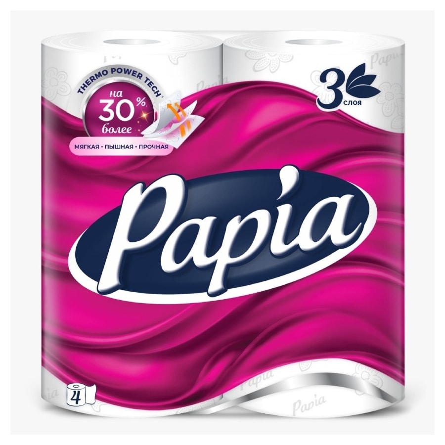 Papia туалетная бумага 3-слойный 4 шт, первичная целлюлоза